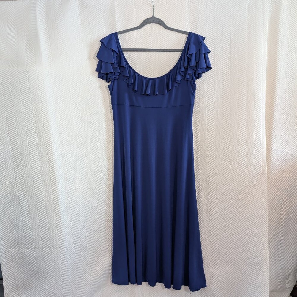Maggy London Ruffle Midi Dress Blue Flowy Feminine Resortwear Vacation Size 12